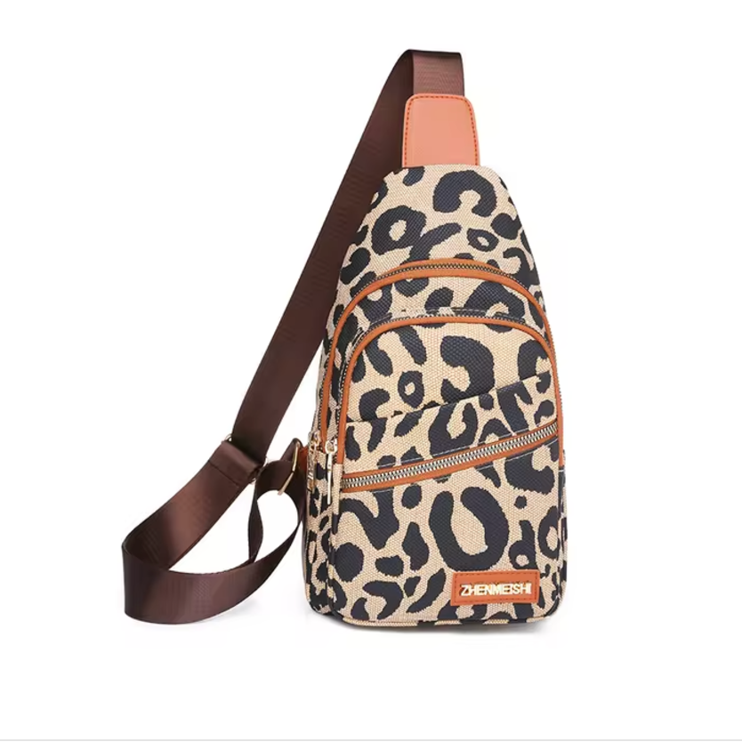 Zaino monospalla leopardato Zemmesh, design compatto, cerniere multiple, tracolla regolabile marrone, ideale per moda urbana e viaggi.