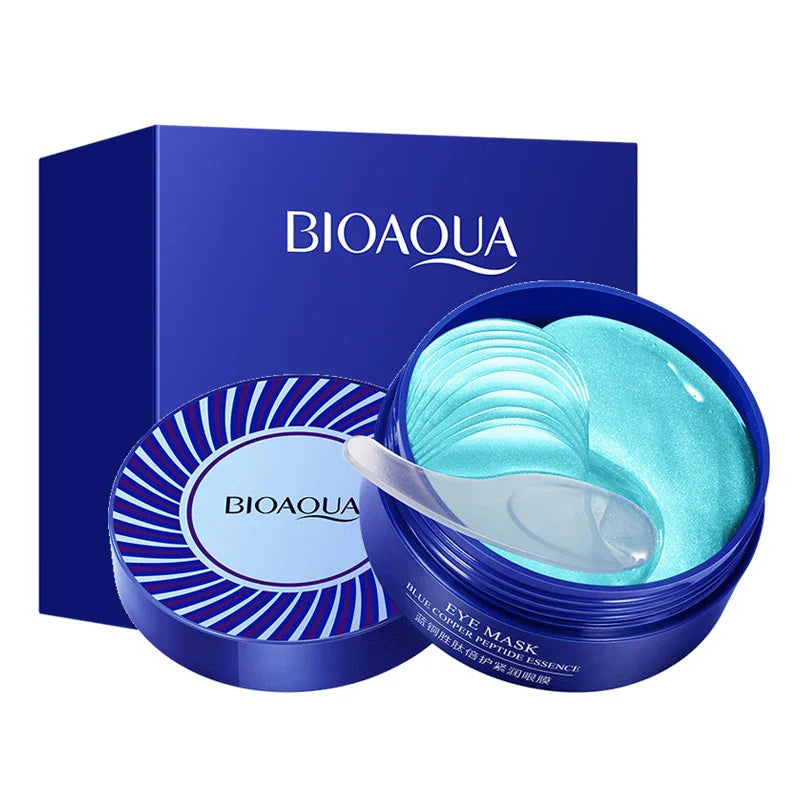 Maschera occhi Bioaqua, confezione blu, patch idratanti per occhi, riduzione occhiaie e gonfiore, cura della pelle, bellezza viso.