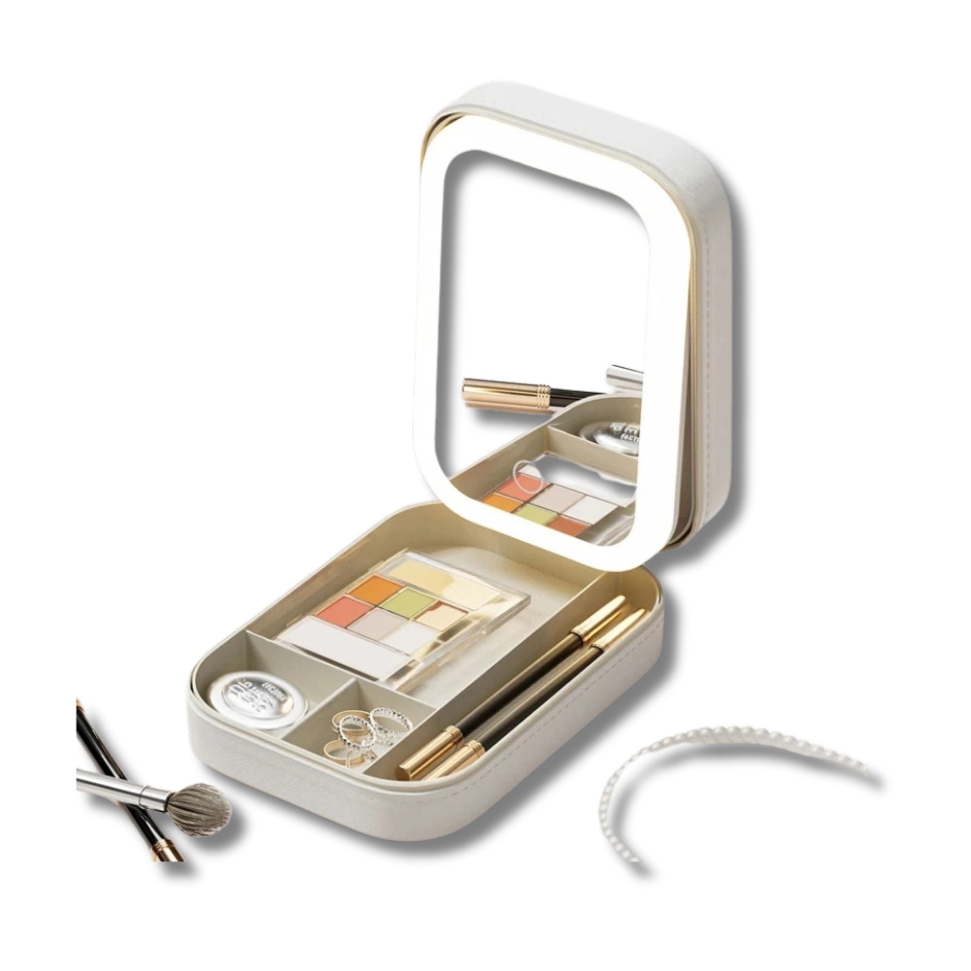Scatola trucco portatile con specchio, palette ombretti, pennelli e accessori. Elegante e compatta, ideale per viaggi e uso quotidiano.