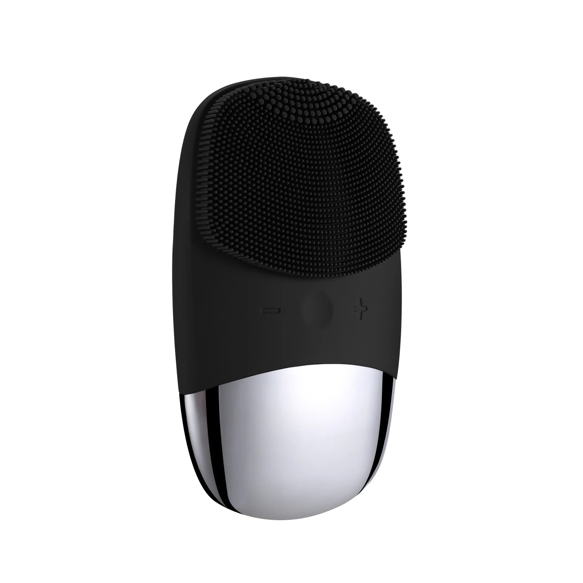 Dispositivo di pulizia viso nero, spazzola in silicone, design ergonomico, ricaricabile, per cura della pelle, esfoliazione e massaggio facciale.