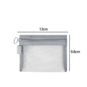 Borsa organizer trasparente in rete grigia con cerniera, dimensioni 13x9.8 cm, ideale per cosmetici e accessori da viaggio.