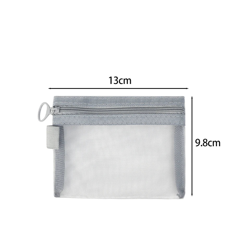 Borsa organizer trasparente in rete grigia con cerniera, dimensioni 13x9.8 cm, ideale per cosmetici e accessori da viaggio.