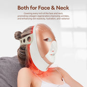 Maschera LED per viso e collo, terapia luce rossa, rigenerazione collagene, riduzione rughe, elasticità pelle, idratazione, luminosità.