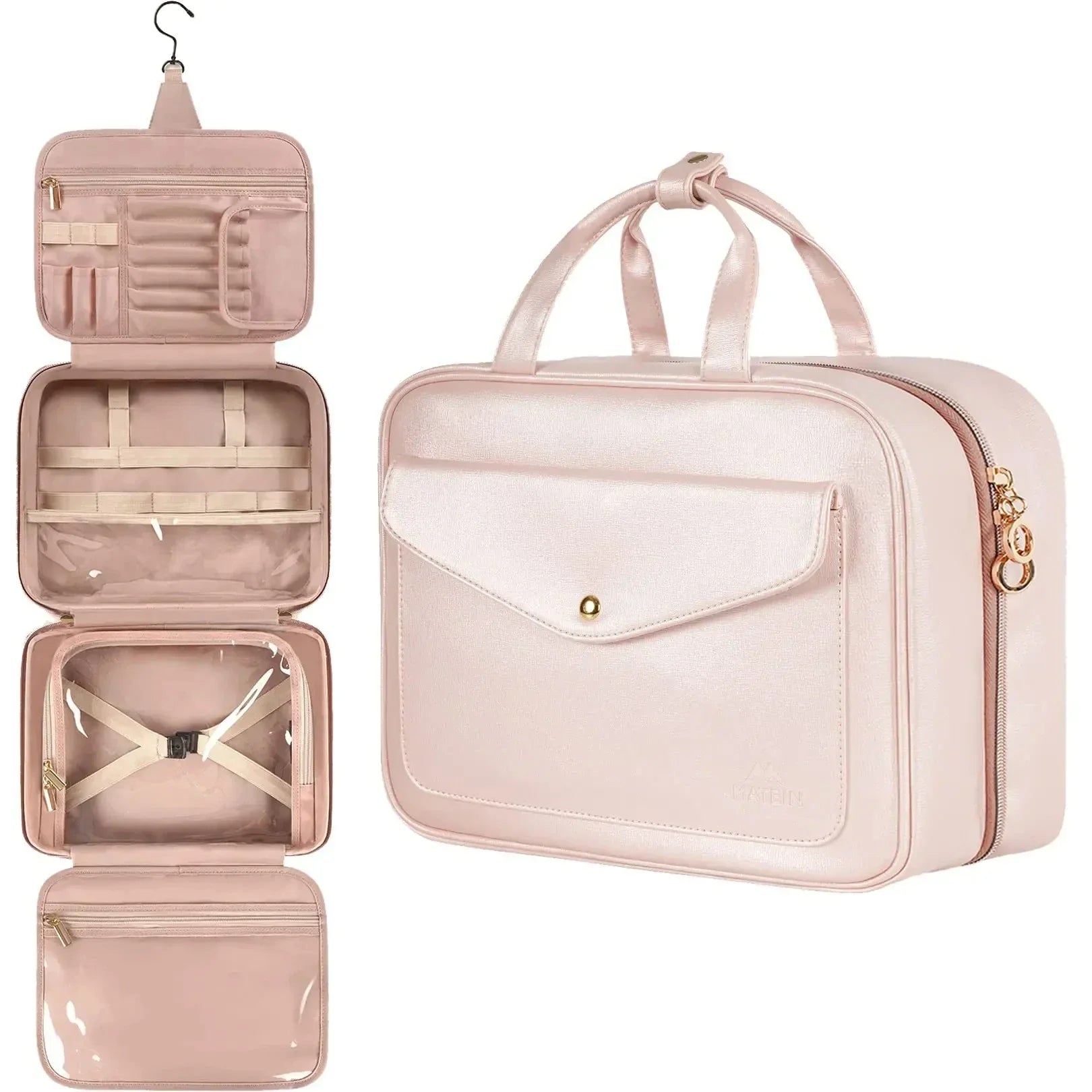 Borsa da viaggio rosa con gancio, scomparti multipli, tasche trasparenti e cerniere dorate. Ideale per cosmetici e accessori.