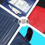 Portafoglio in pelle blu e rossa con protezione RFID, scomparti per carte e banconote. Design elegante, sicurezza antifurto, ideale per uomo e donna.
