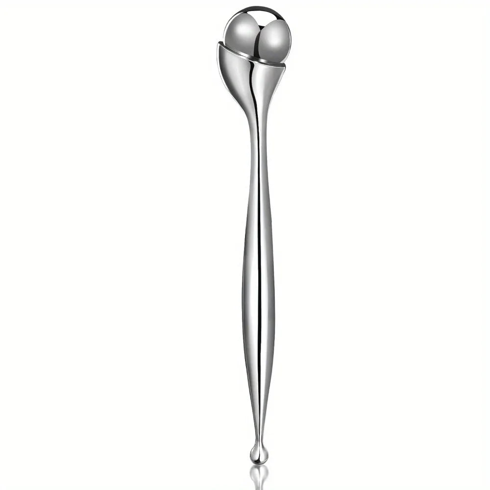 Rullo massaggio viso in acciaio inox, design ergonomico, strumento bellezza anti-età, stimolazione circolazione, cura pelle, accessorio skincare.