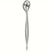 Rullo massaggio viso in acciaio inox, design ergonomico, strumento bellezza anti-età, stimolazione circolazione, cura pelle, accessorio skincare.
