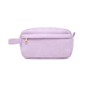 Astuccio da toilette in velluto a coste lilla con cerniera, manico laterale e design elegante. Ideale per viaggi e organizzazione cosmetici.
