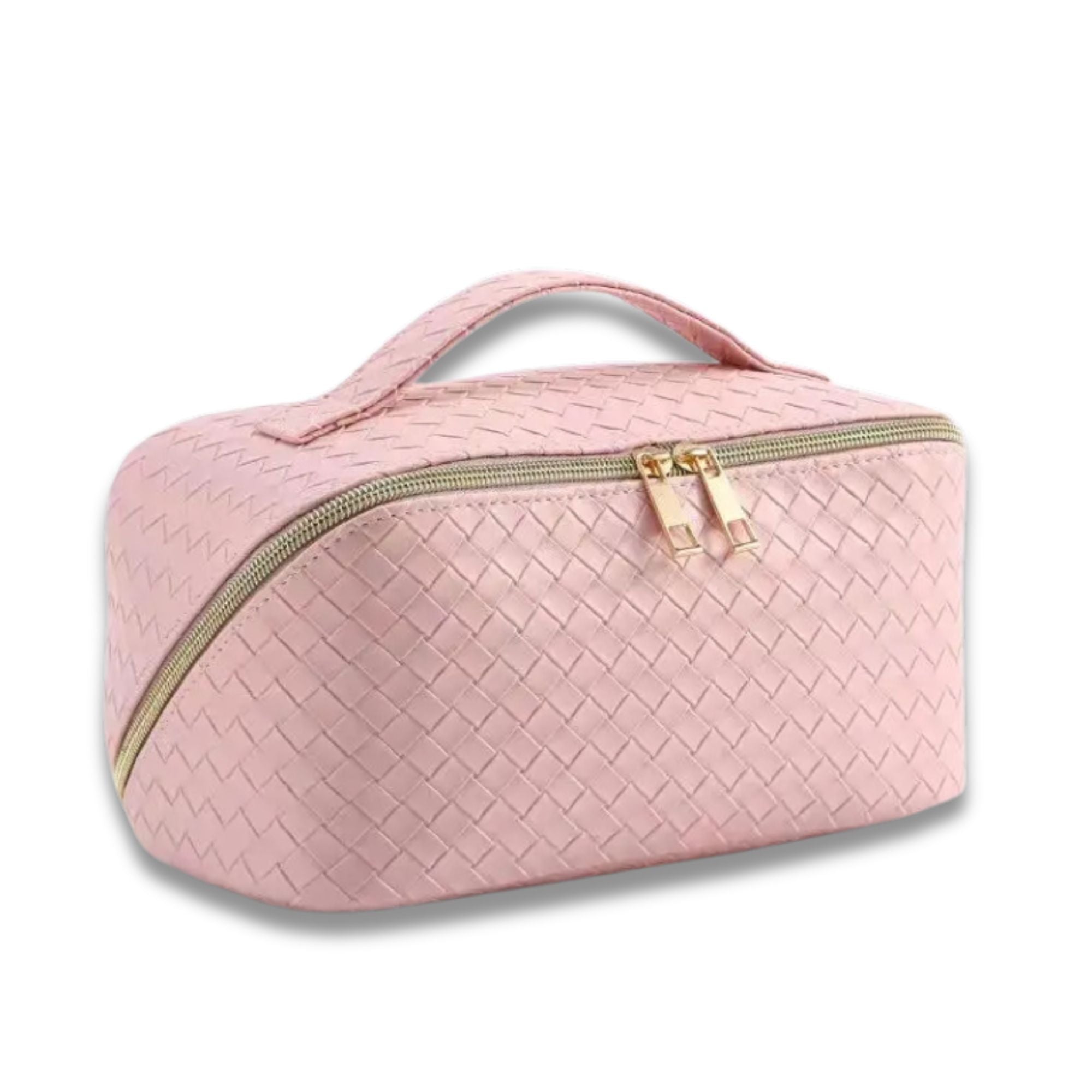 Borsa cosmetica rosa intrecciata con cerniera dorata, design elegante e manico superiore. Ideale per trucco e accessori da viaggio.