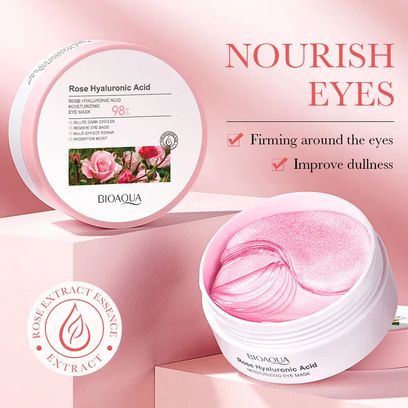 Maschera occhi Bioaqua con acido ialuronico alla rosa, idratante e illuminante, riduce occhiaie e rughe, estratto di rosa, 98% naturale.