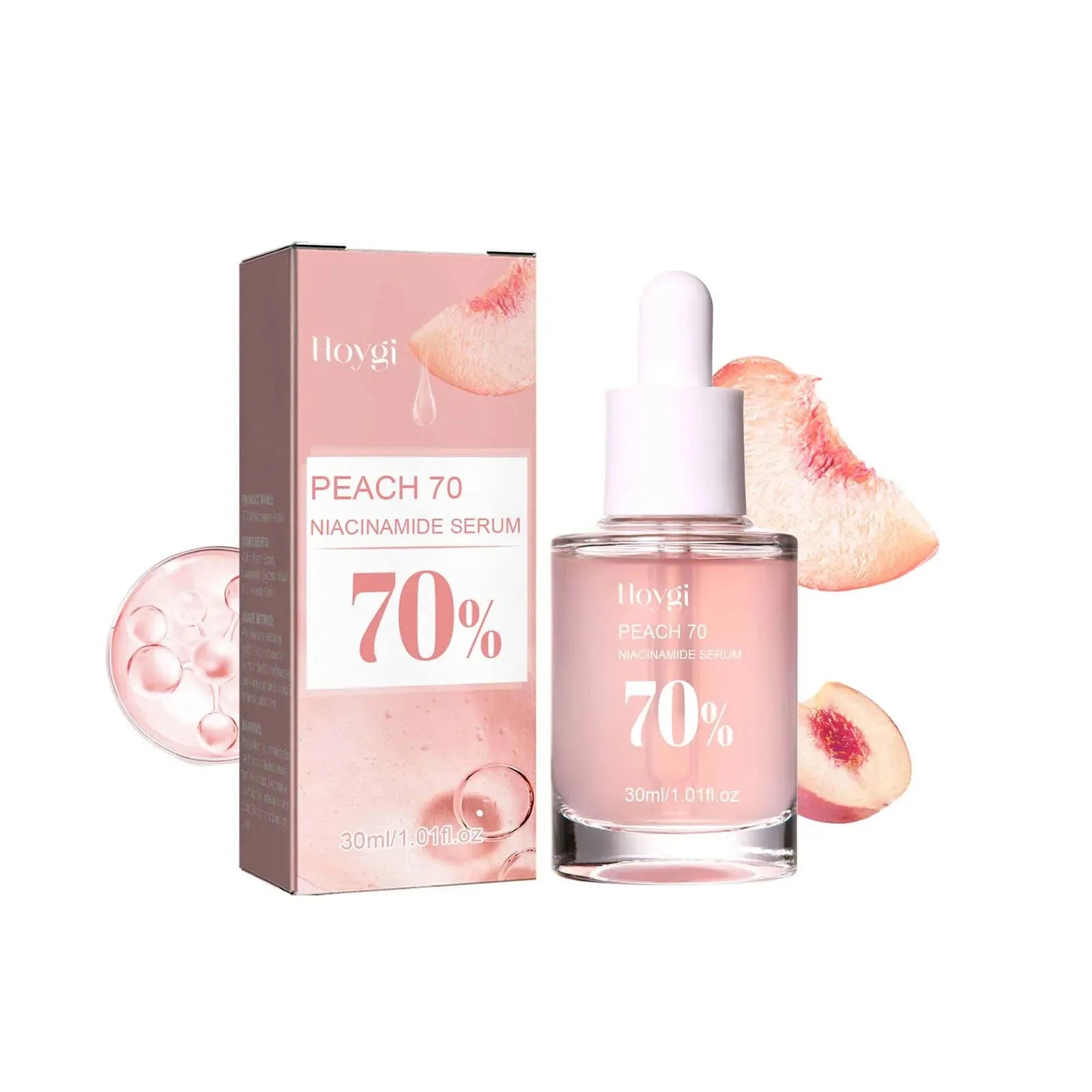 Siero viso niacinamide 70% Hoygi Peach 30ml, confezione e flacone con pipetta, estratto di pesca, cura della pelle, idratante, anti-età.