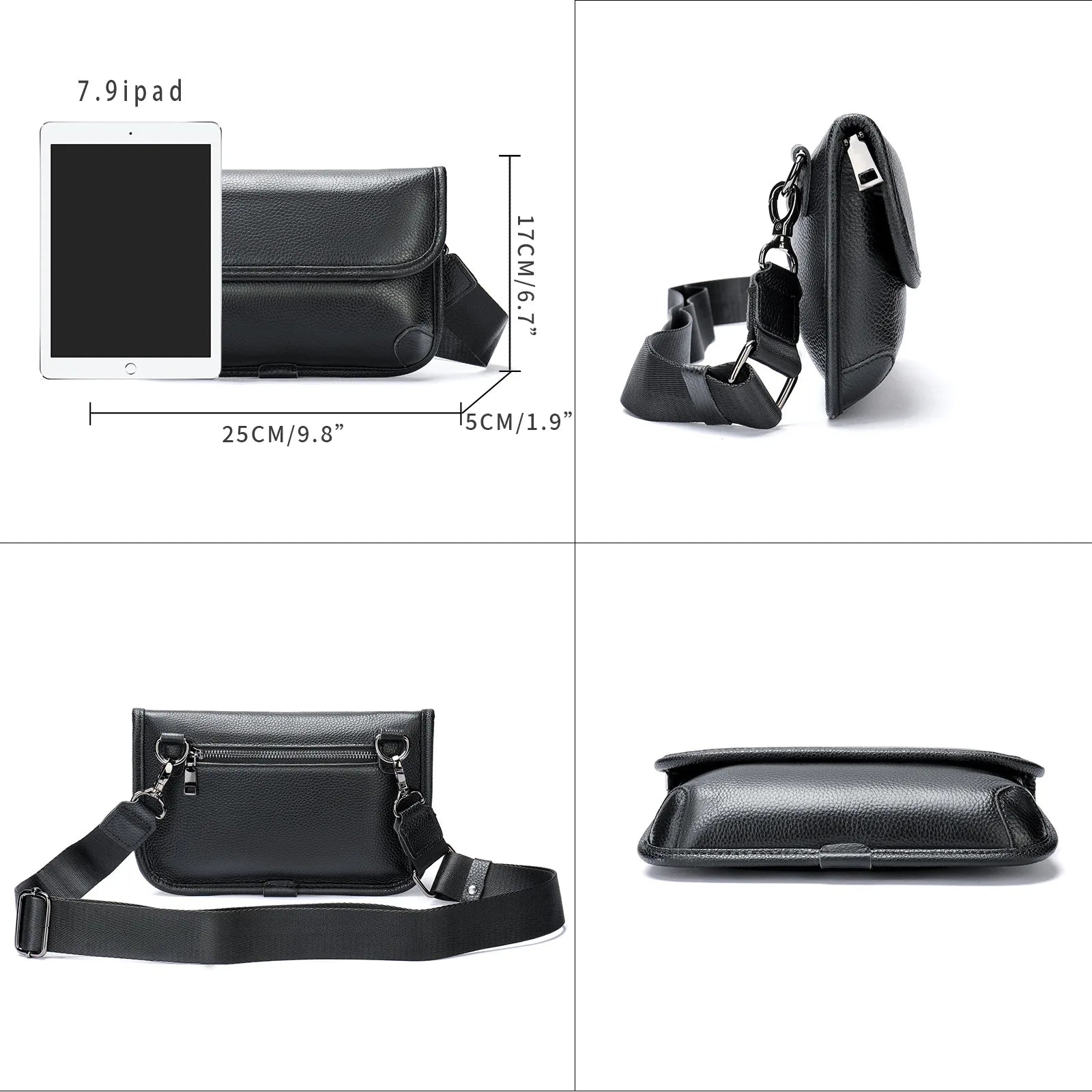 Borsa a tracolla in pelle nera, compatibile con iPad 7.9", dimensioni 25x17x5 cm, design elegante e funzionale, ideale per uomo e donna.
