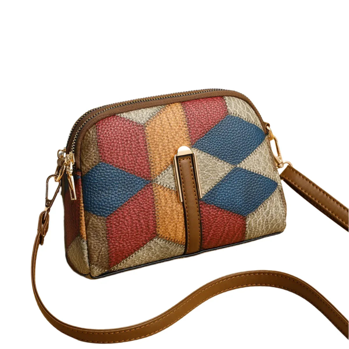 Borsa a tracolla in pelle con motivo geometrico multicolore, chiusura a zip, cinturino regolabile marrone. Accessorio moda donna elegante e versatile.