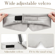 Fascia per occhi in tessuto grigio con velcro regolabile, design ergonomico per adattarsi al naso, ideale per sonno e relax.