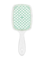 Spazzola per capelli quadrata con setole verdi, manico ergonomico bianco. Ideale per districare e lisciare, accessorio essenziale per la cura dei capelli.