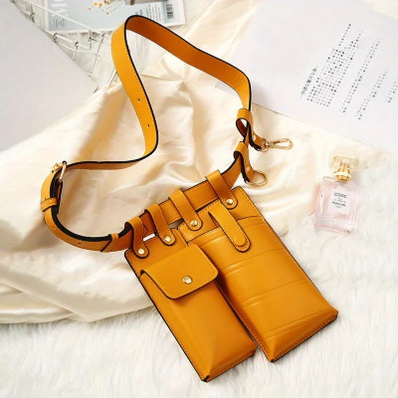 Borsa a tracolla gialla in pelle PU con doppia tasca, design moderno e funzionale, ideale per moda donna. Accessorio elegante e pratico.