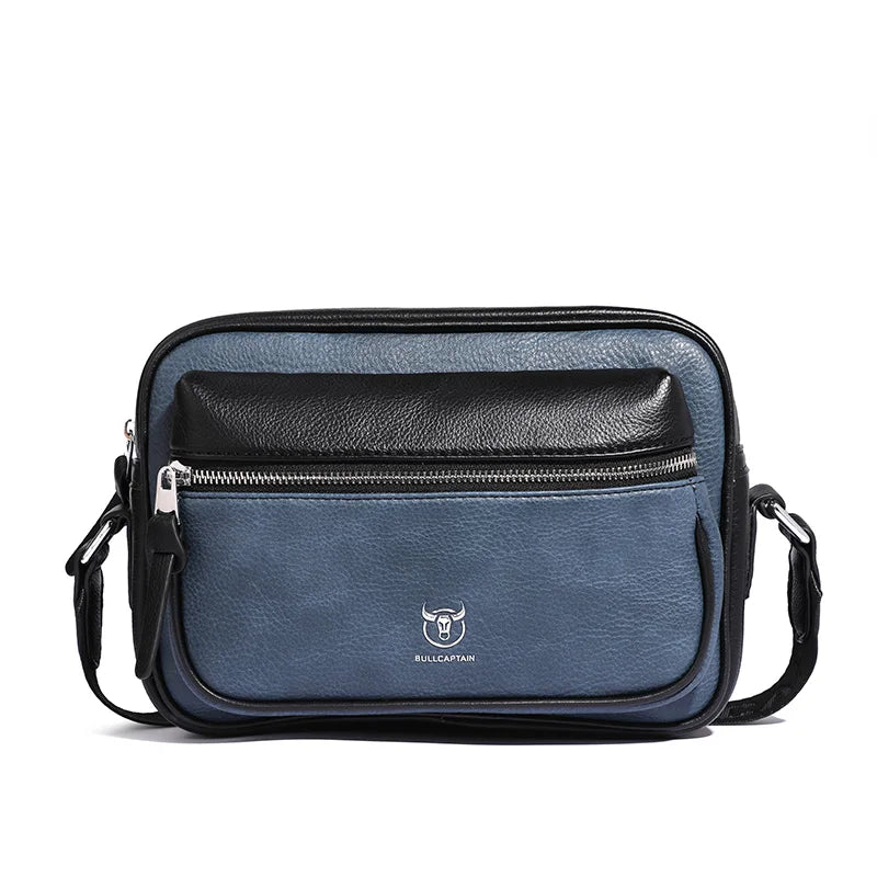 Borsa a tracolla in pelle blu e nera con cerniera frontale, logo Bullcaptain. Design elegante, ideale per uomo. Accessorio moda pratico e versatile.