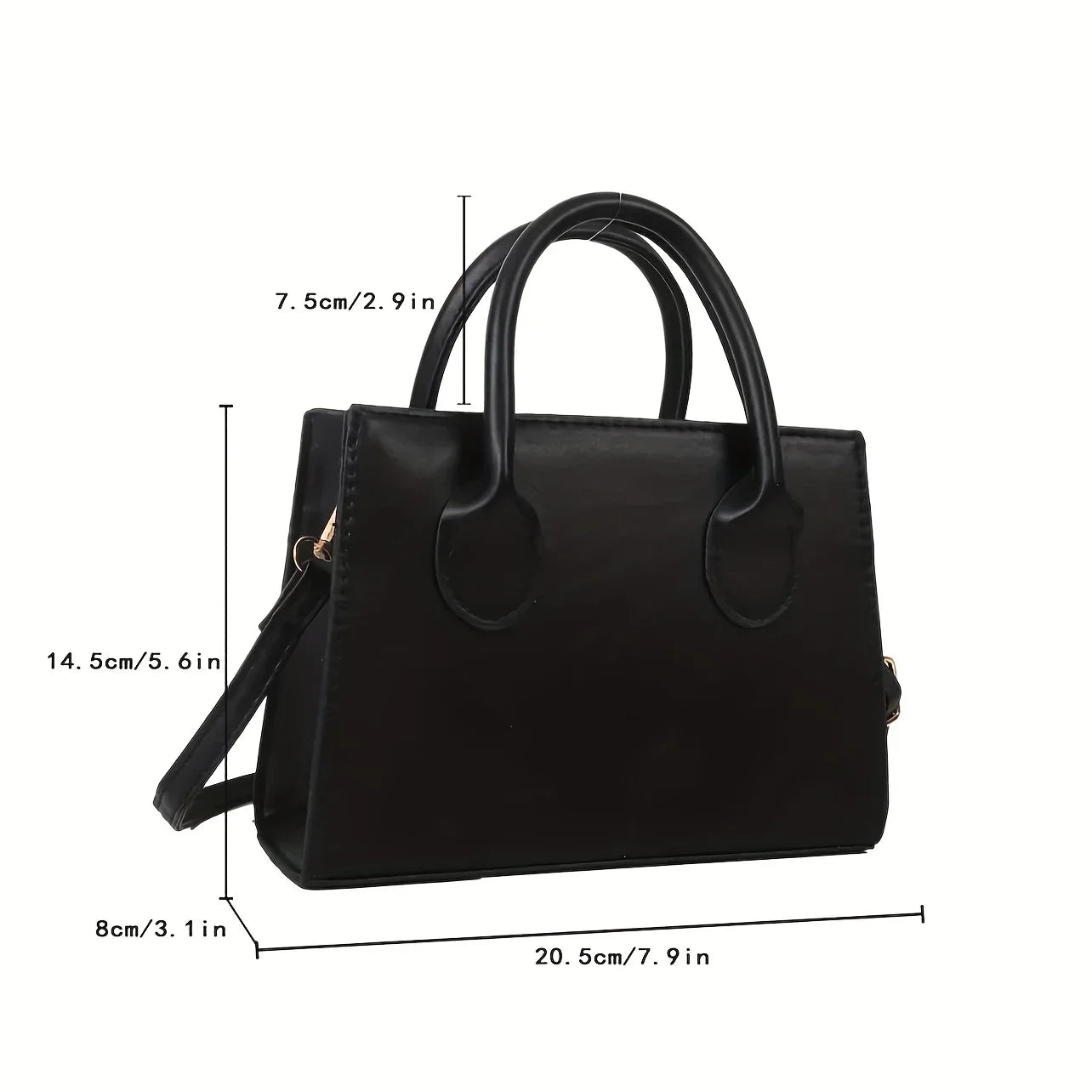 Borsa a mano nera in pelle sintetica, dimensioni 20.5x14.5x8 cm, con manici e tracolla regolabile. Elegante accessorio moda donna.