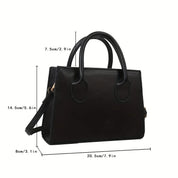Borsa a mano nera in pelle sintetica, dimensioni 20.5x14.5x8 cm, con manici e tracolla regolabile. Elegante accessorio moda donna.