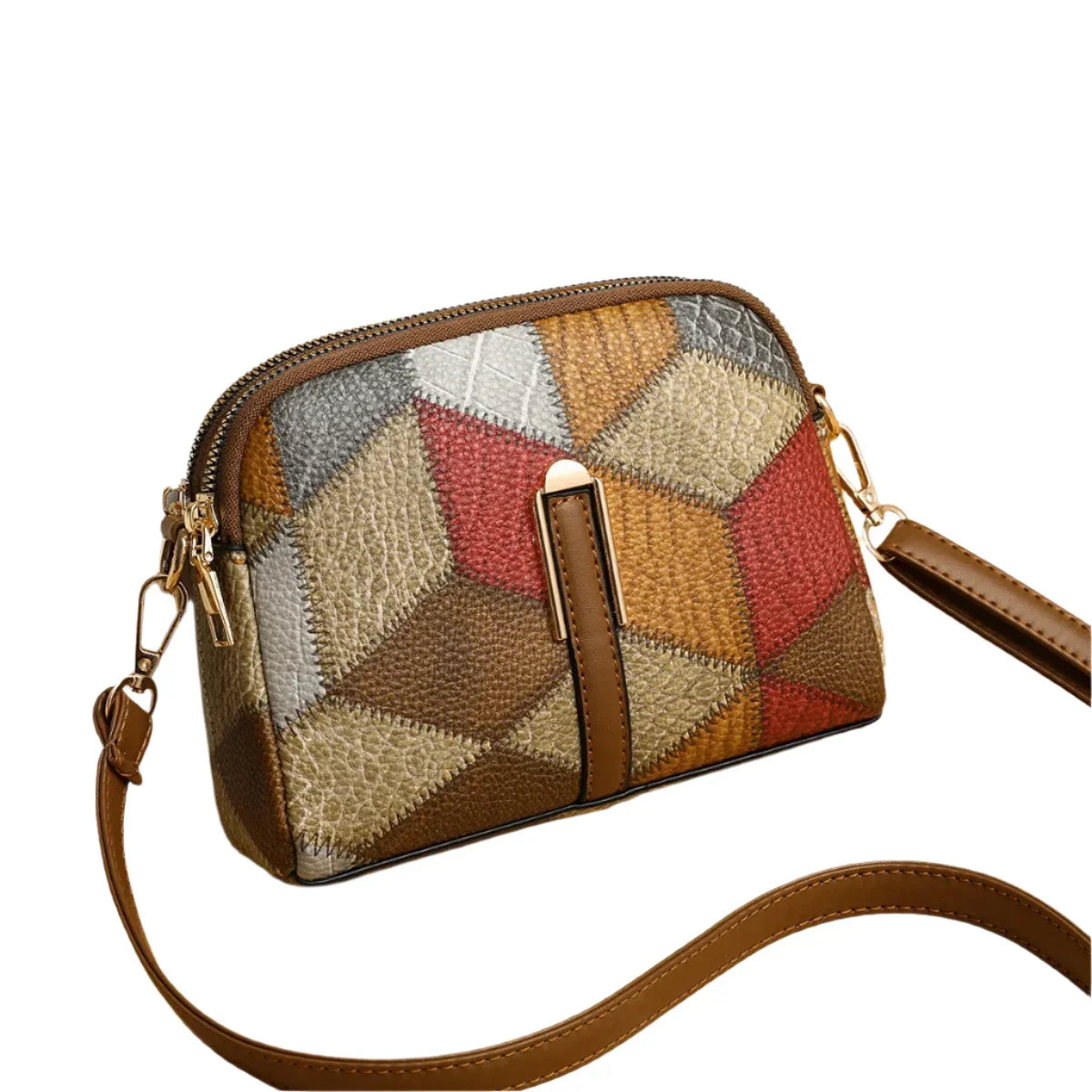 Borsa a tracolla in pelle patchwork multicolore, design geometrico, chiusura con cerniera, tracolla regolabile, moda donna, accessorio elegante.