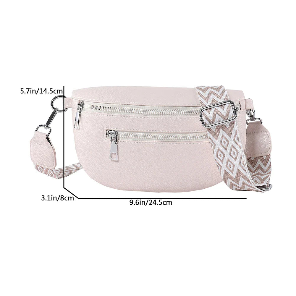 Marsupio donna in pelle rosa con tracolla regolabile a motivo geometrico, doppia cerniera, dimensioni 24.5x14.5x8 cm, moda accessori eleganti.