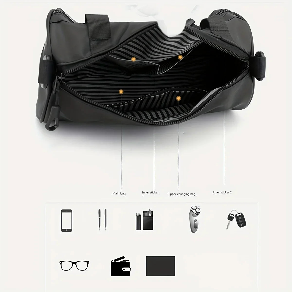 Borsone nero in pelle con scomparti interni, cerniera, tasche per occhiali, portafoglio, chiavi, smartphone. Design elegante e funzionale.