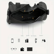 Borsone nero in pelle con scomparti interni, cerniera, tasche per occhiali, portafoglio, chiavi, smartphone. Design elegante e funzionale.