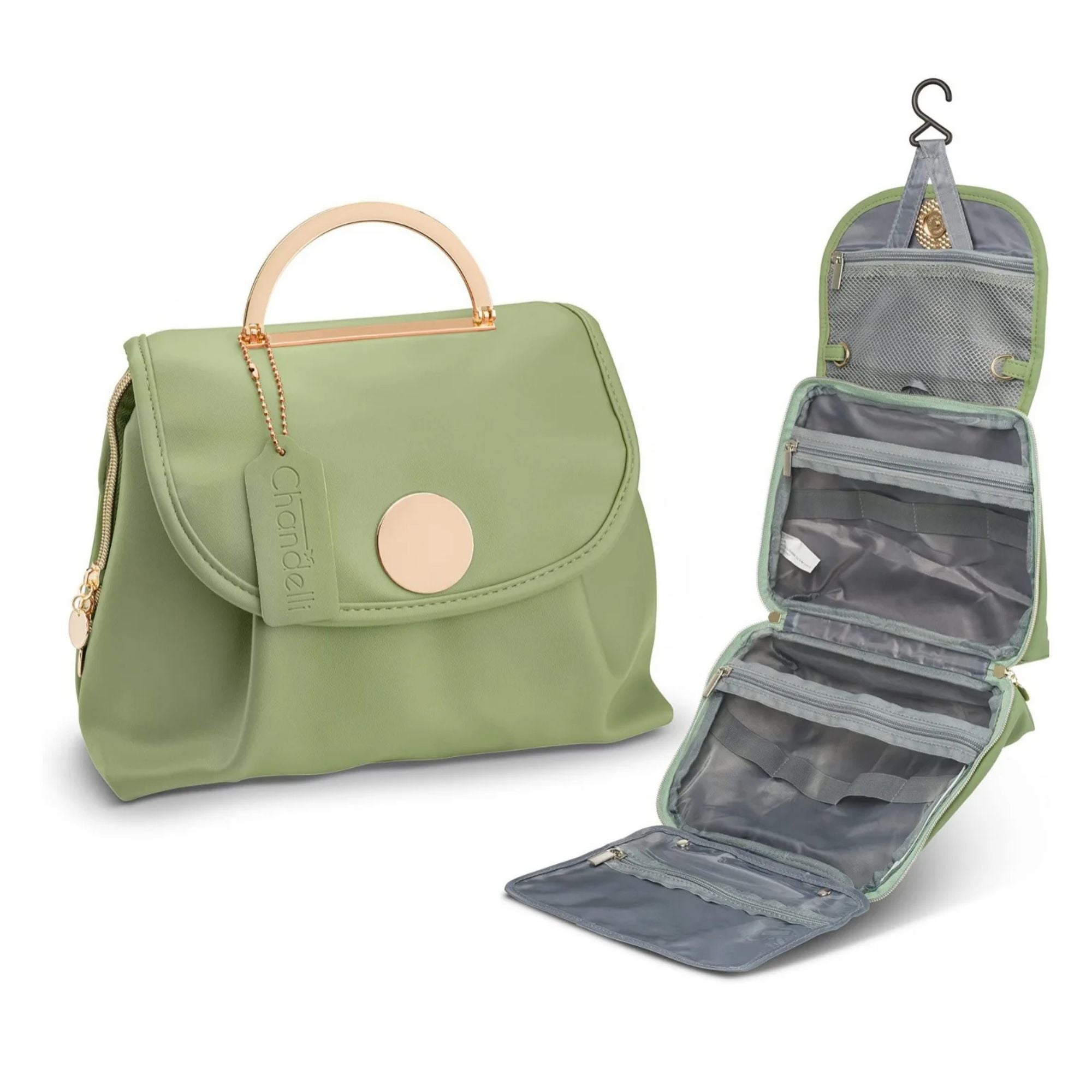 Borsa da viaggio verde salvia con manico beige e organizer interno pieghevole, ideale per cosmetici e accessori. Design elegante e funzionale.