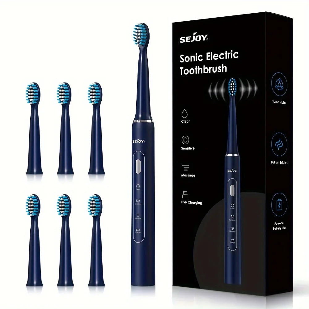 Spazzolino elettrico sonico Sejoy blu con sei testine di ricambio, ricarica USB, modalità pulizia e massaggio. Design moderno ed elegante.