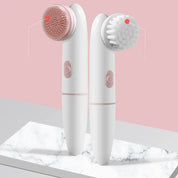 Spazzola elettrica per pulizia viso, doppia testina intercambiabile, design ergonomico, colore bianco e rosa, ideale per esfoliazione e cura della pelle.