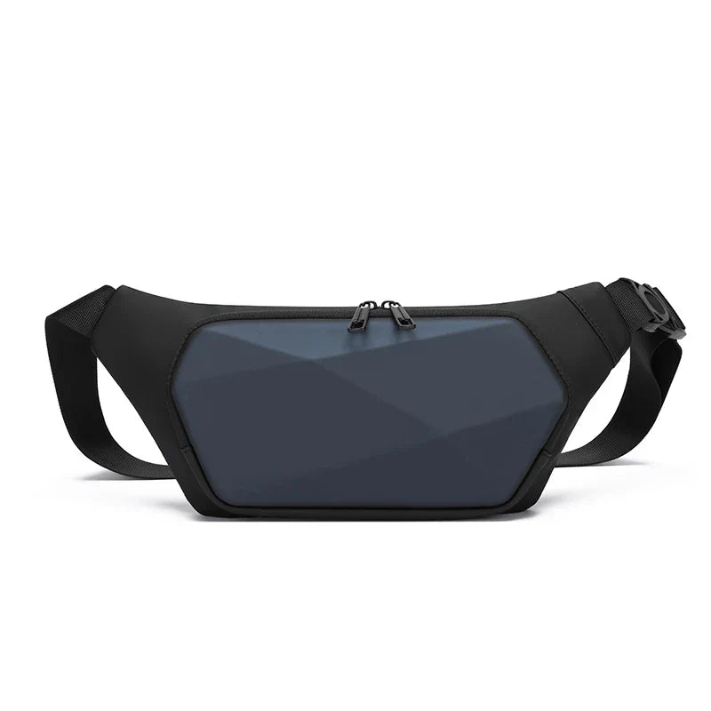Marsupio nero e blu scuro con design geometrico, doppia cerniera e cintura regolabile. Accessorio moda unisex, pratico per viaggi e sport.