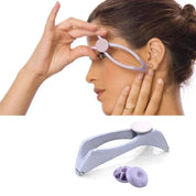 Dispositivo per massaggio facciale, colore lavanda, utilizzato su fronte e tempie. Strumento per rilassamento e cura della pelle.