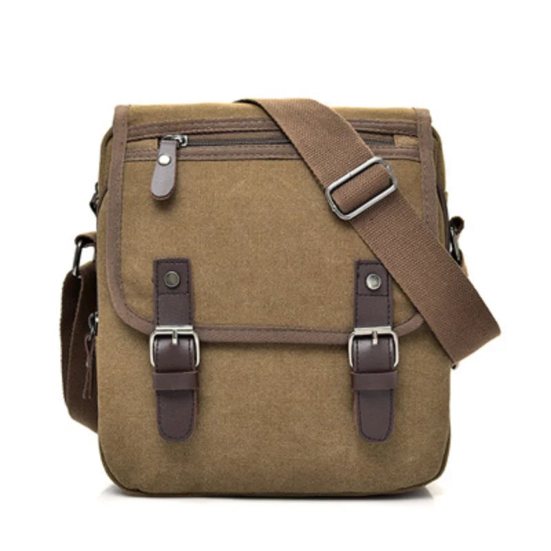 Borsa a tracolla in tela marrone con fibbie in pelle, tasca frontale con zip, ideale per uomo, stile casual, perfetta per viaggi e uso quotidiano.