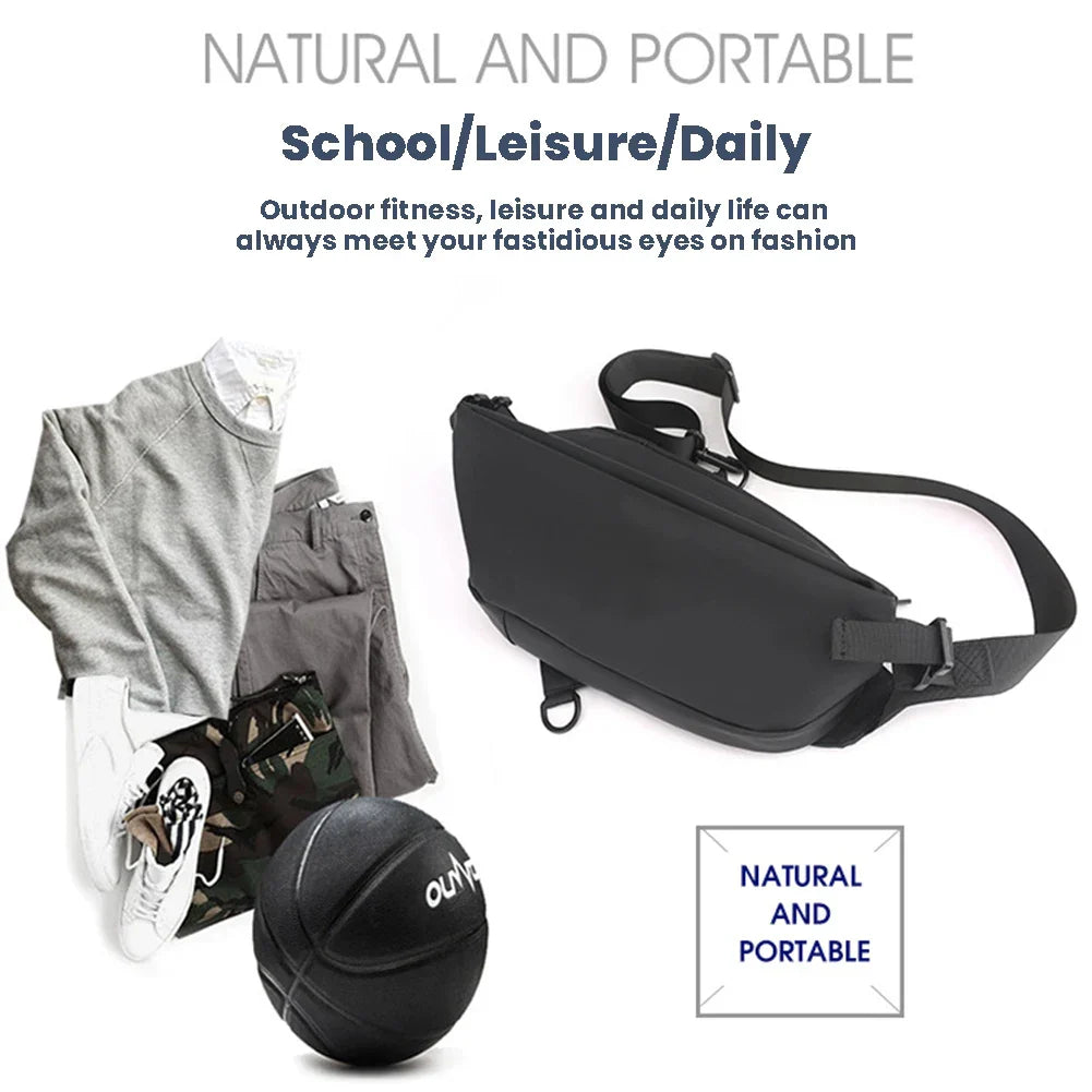 Borsa a tracolla nera per attività quotidiane, scuola e tempo libero, con abbigliamento casual grigio e bianco, pantaloni mimetici e palla da basket.