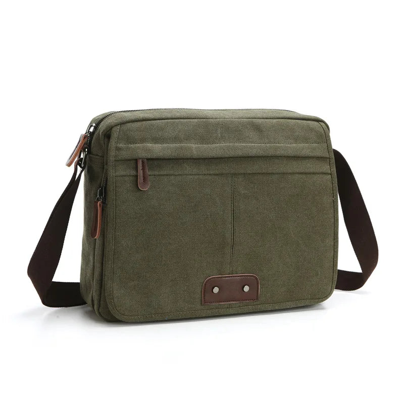 Borsa a tracolla verde oliva in tela, design unisex, con cerniera e tasche multiple, ideale per lavoro e viaggio. Stile casual e resistente.