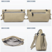 Borsa a tracolla beige in pelle sintetica, vista frontale, posteriore, interna e laterale. Design elegante con zip, ideale per moda donna.