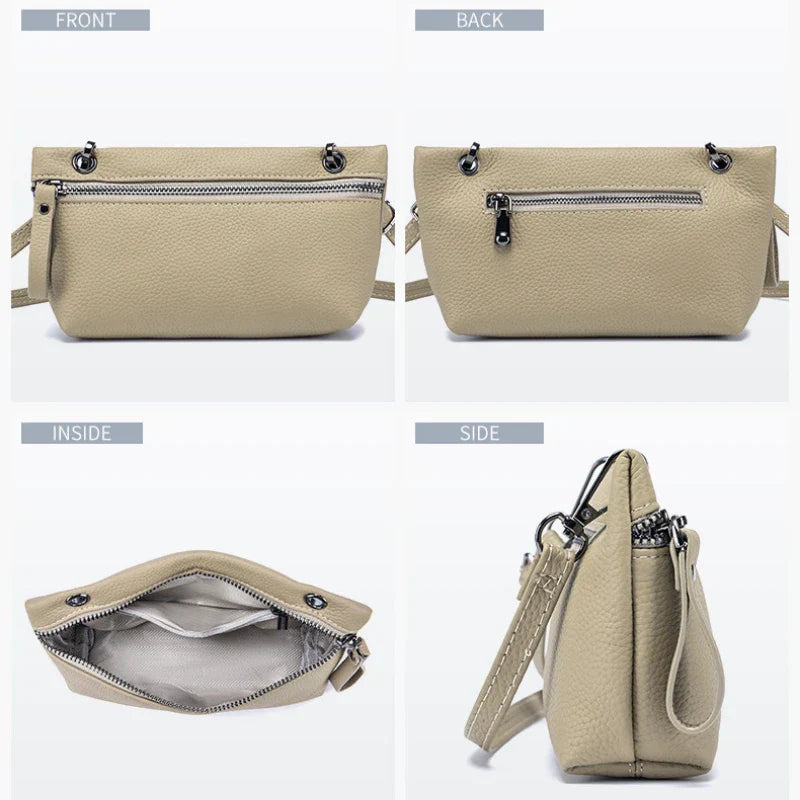 Borsa a tracolla beige in pelle sintetica, vista frontale, posteriore, interna e laterale. Design elegante con zip, ideale per moda donna.