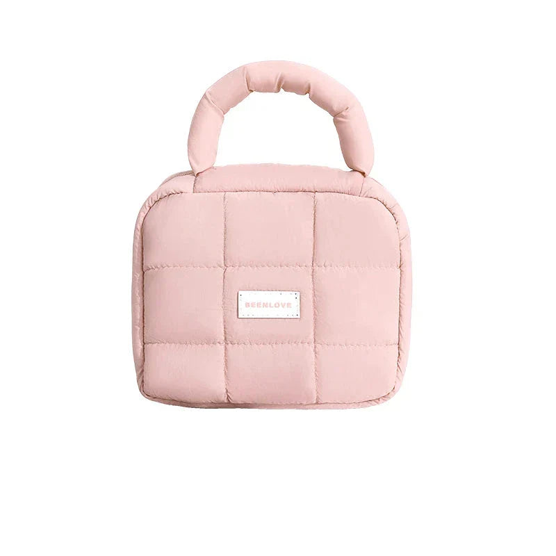 Borsa termica rosa imbottita con manico, design trapuntato, ideale per pranzo al sacco, marchio Beenlove, accessorio moda pratico e elegante.