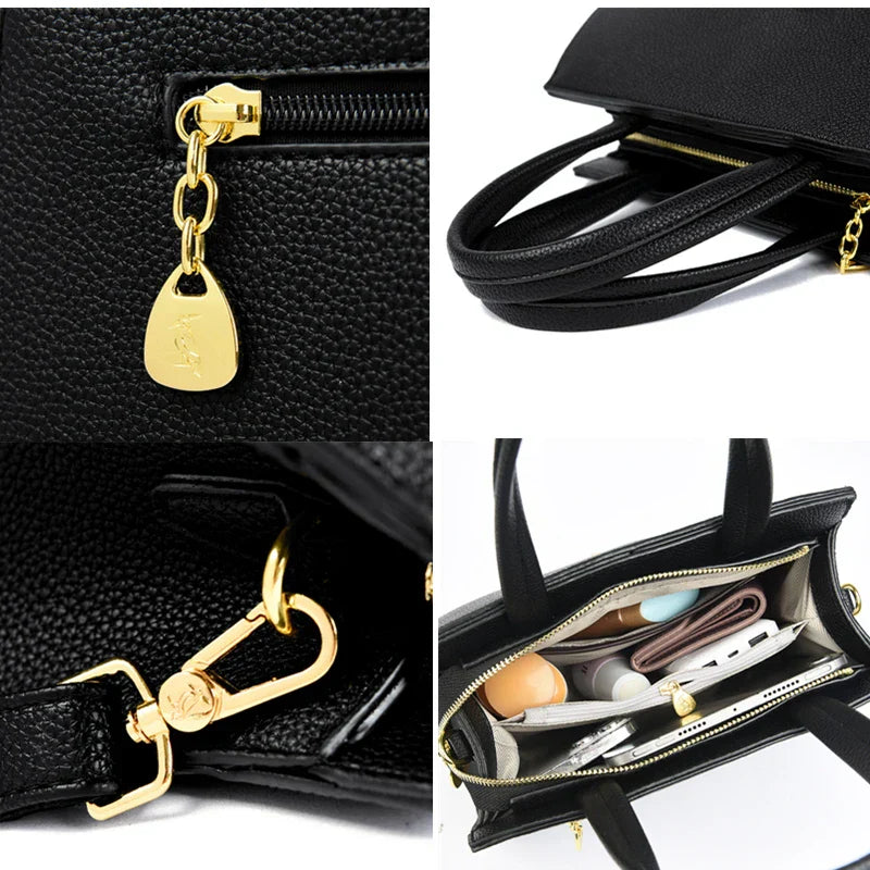 Borsa a mano in pelle nera con dettagli dorati, chiusura a zip, tasche interne organizzate. Elegante accessorio moda donna.