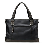 Borsa a tracolla in pelle nera da uomo con tasca frontale con zip, manici robusti e dettagli in metallo. Elegante e spaziosa per uso quotidiano.