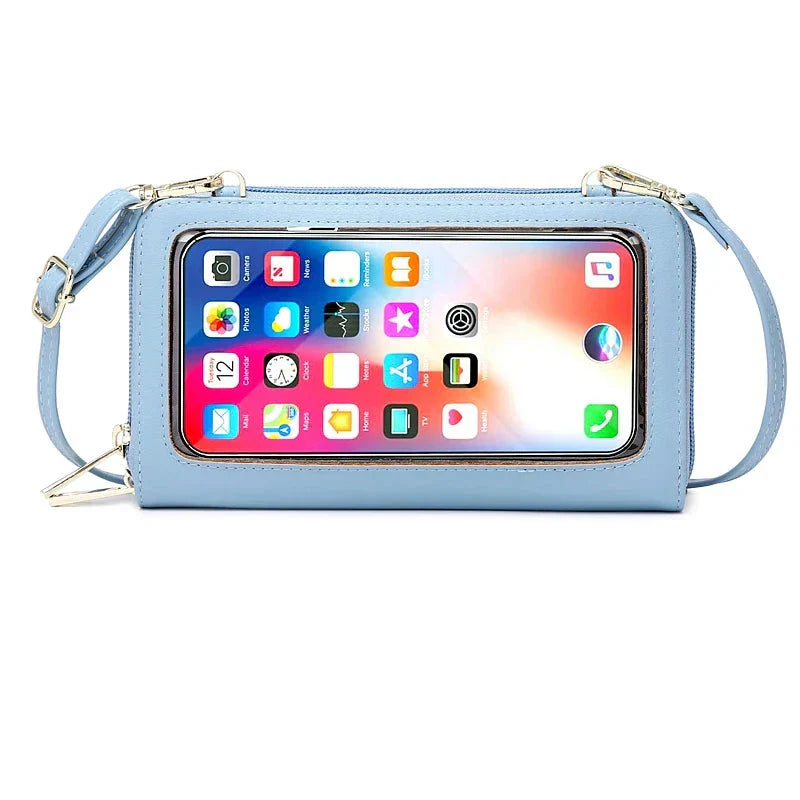 Custodia a tracolla blu per smartphone con finestra trasparente, compatibile con iPhone. Design elegante e pratico per accesso rapido al touchscreen.