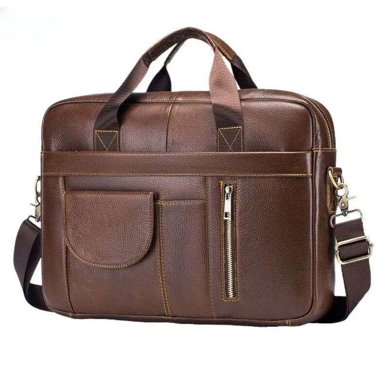 Borsa a tracolla in pelle marrone per laptop, con tasche frontali e cerniera, manici resistenti, ideale per lavoro e viaggio.