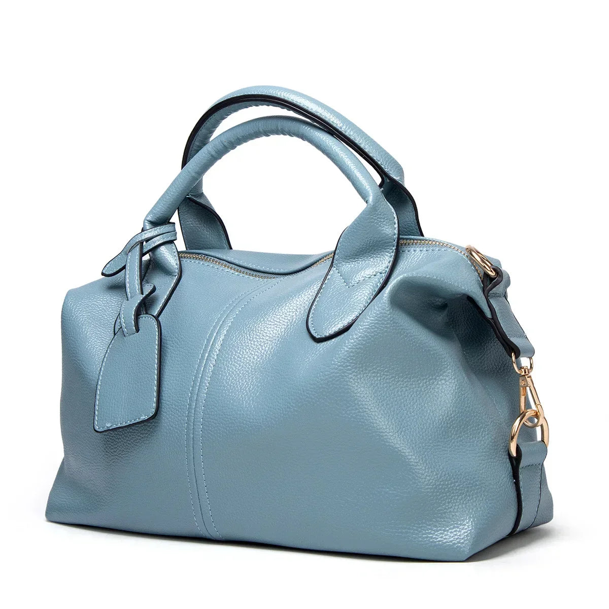Borsa a mano in pelle blu chiaro, design elegante con manici robusti e tracolla regolabile. Accessorio moda donna, stile sofisticato e versatile.