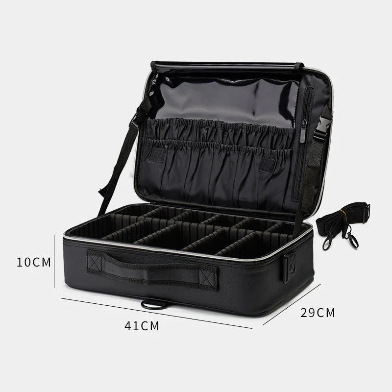 Borsa organizer nera per fotocamera, dimensioni 41x29x10 cm, con scomparti regolabili e tasche interne, ideale per accessori fotografici.