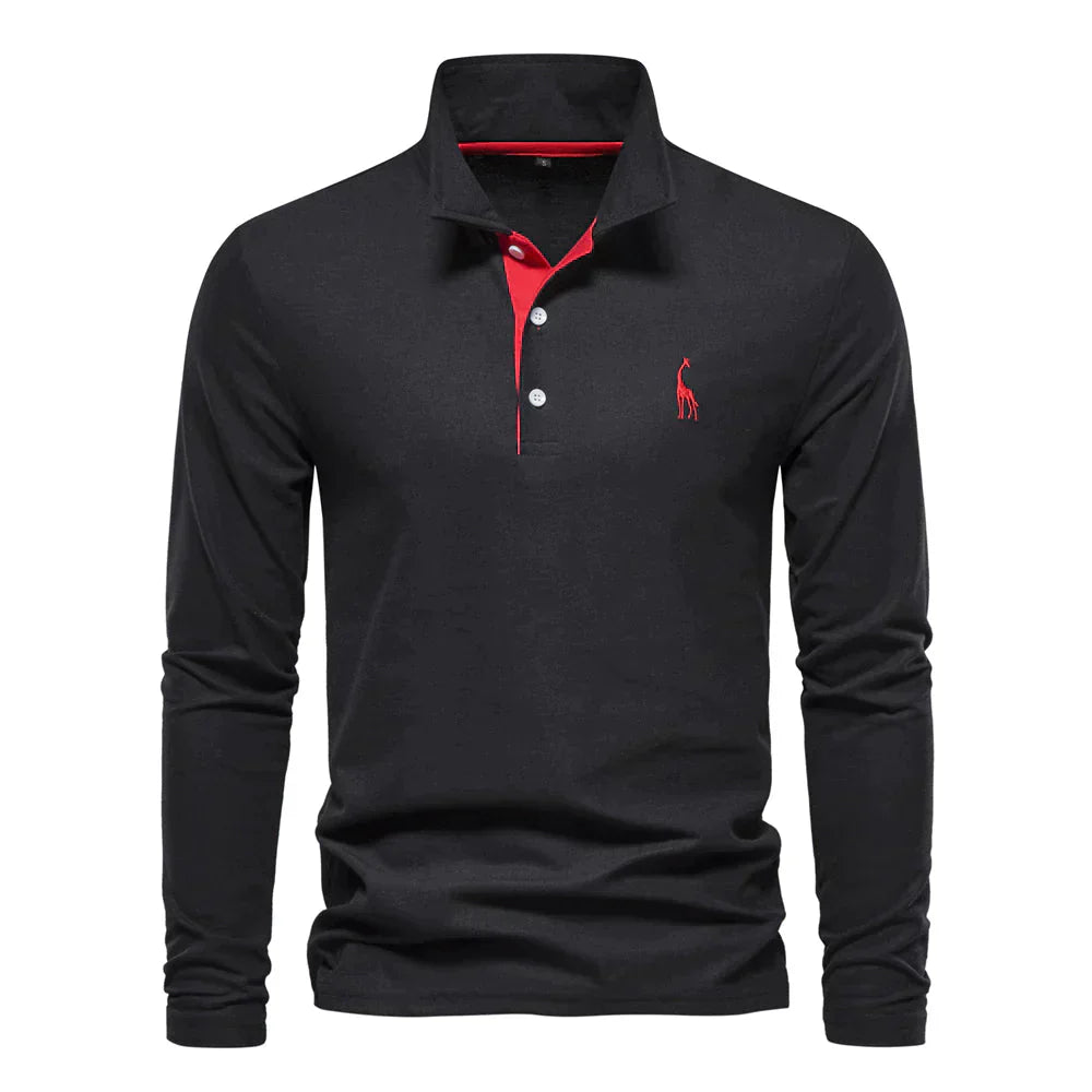 Maglia polo nera a maniche lunghe con colletto, dettagli rossi e logo ricamato. Elegante e casual, ideale per moda uomo autunno inverno.