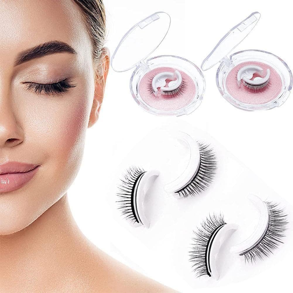 Donna con ciglia finte magnetiche, set 3D riutilizzabile, include custodia trasparente. Accessorio trucco occhi, facile applicazione.