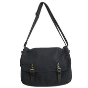 Borsa a tracolla nera in tela con fibbie decorative, design elegante e pratico, ideale per uso quotidiano e lavoro. Accessorio moda versatile.