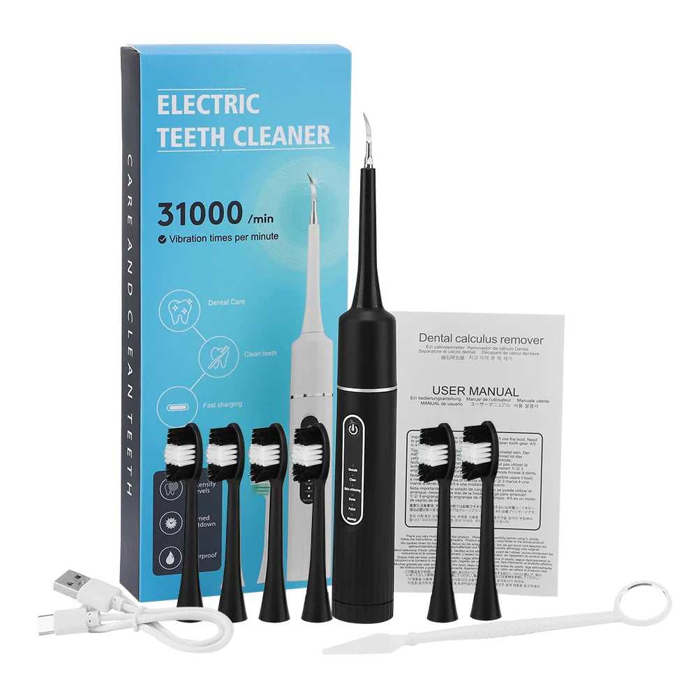 Spazzolino elettrico nero con 5 testine di ricambio, manuale d'uso, cavo USB e confezione blu. Pulizia dentale, rimozione tartaro, 31000 vibrazioni/min.