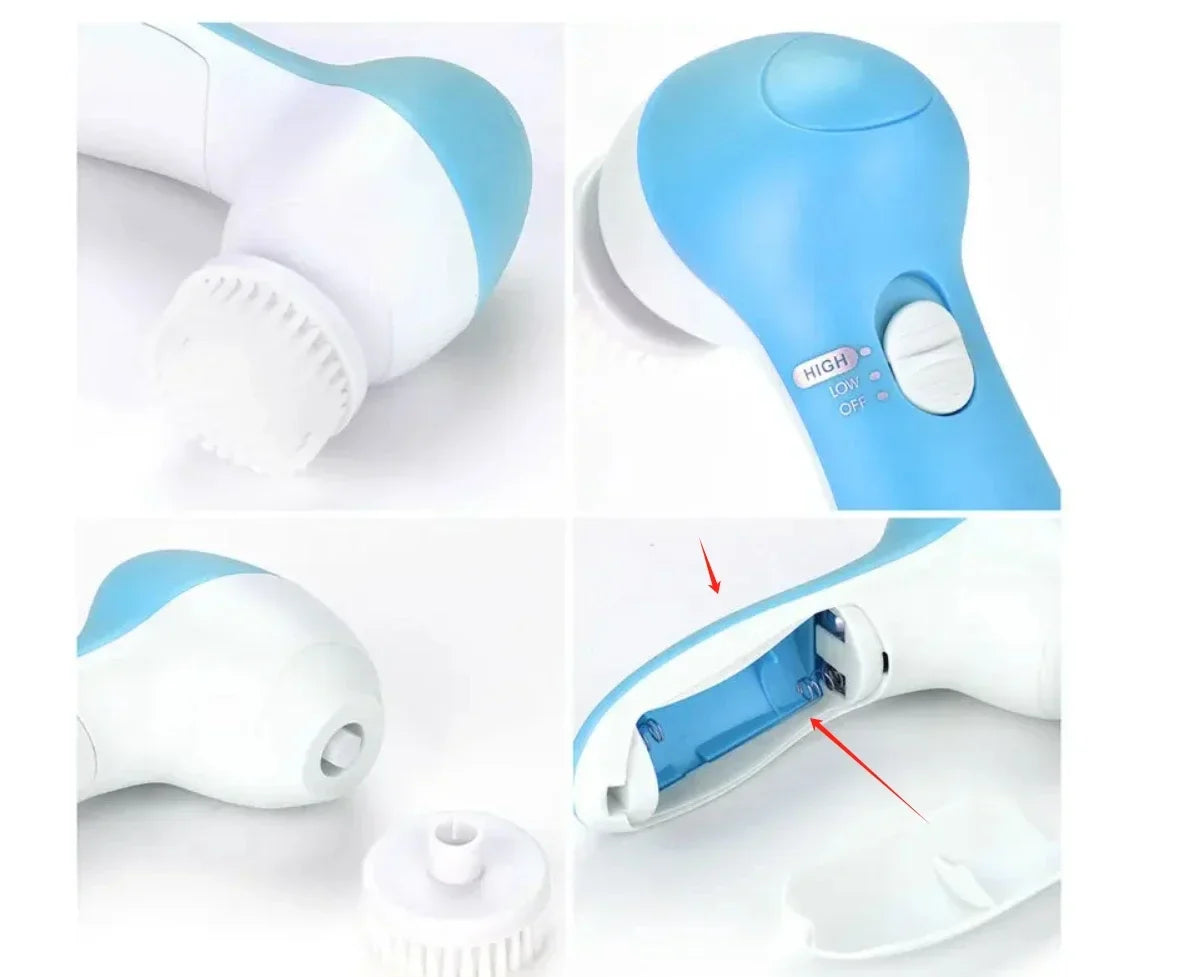 Dispositivo massaggiatore elettrico blu e bianco, con testina intercambiabile e pulsante regolazione velocità. Alimentazione a batterie.