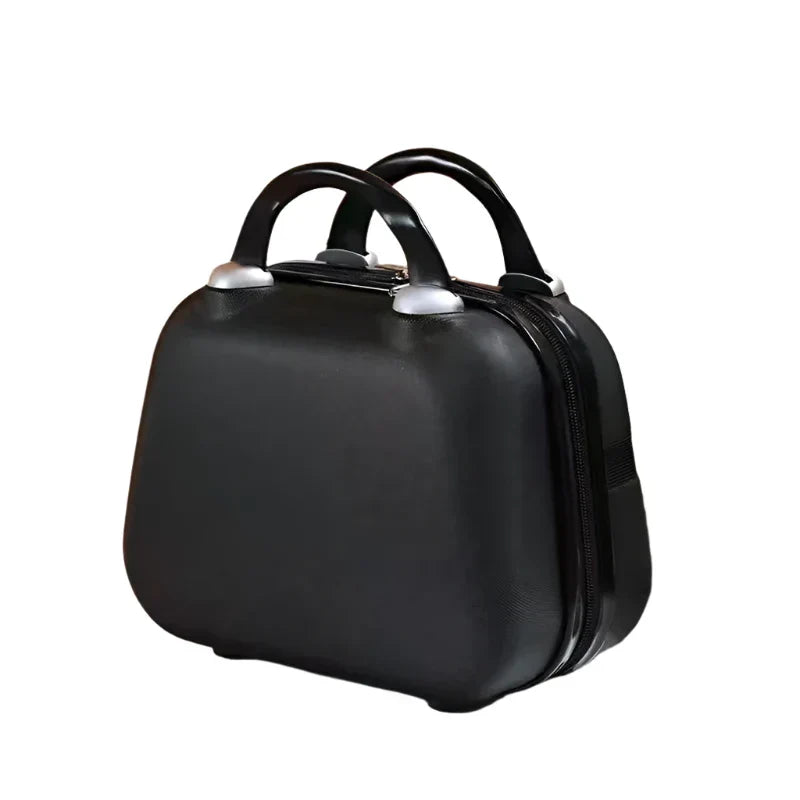 Valigia rigida nera con manici, design compatto, ideale per viaggi brevi. Bagaglio a mano elegante e resistente, perfetto per voli low-cost.